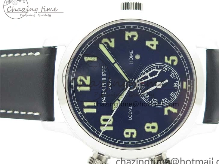 MIROTIME 0120 Practical Calatrava 5524 Pilot Travel Time SS GRF Blue Dial on Black Leather Strap A324 V 7107